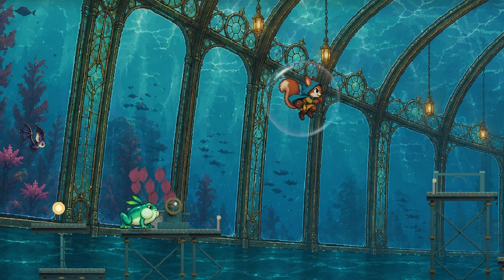 The squirrel airborne between platforms in the Glass Gardens, with a flying enemy to the left and a frog enemy below.