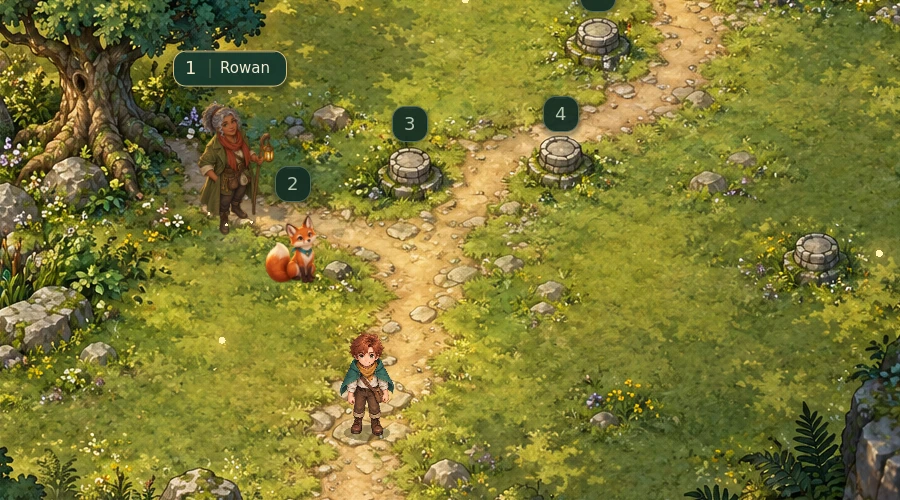 The player on the woodland path beside Rowan and Pip in The Ember Trail.