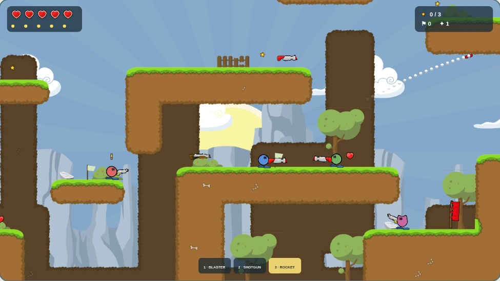 The blue player facing a green enemy on grassy platforms, with a rocket flying overhead in Meadow Mayhem.