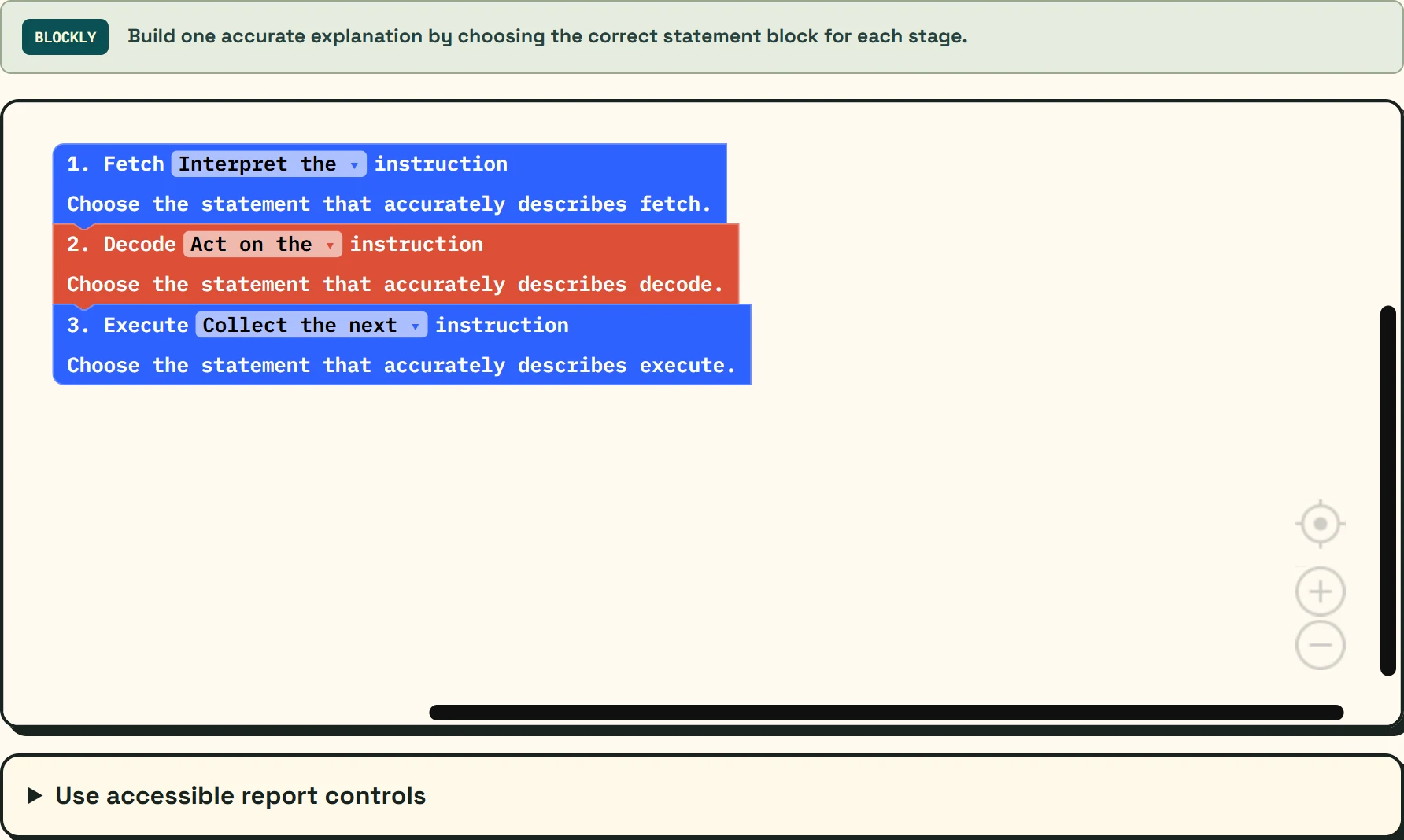 An interactive Blockly activity for the fetch, decode and execute stages.