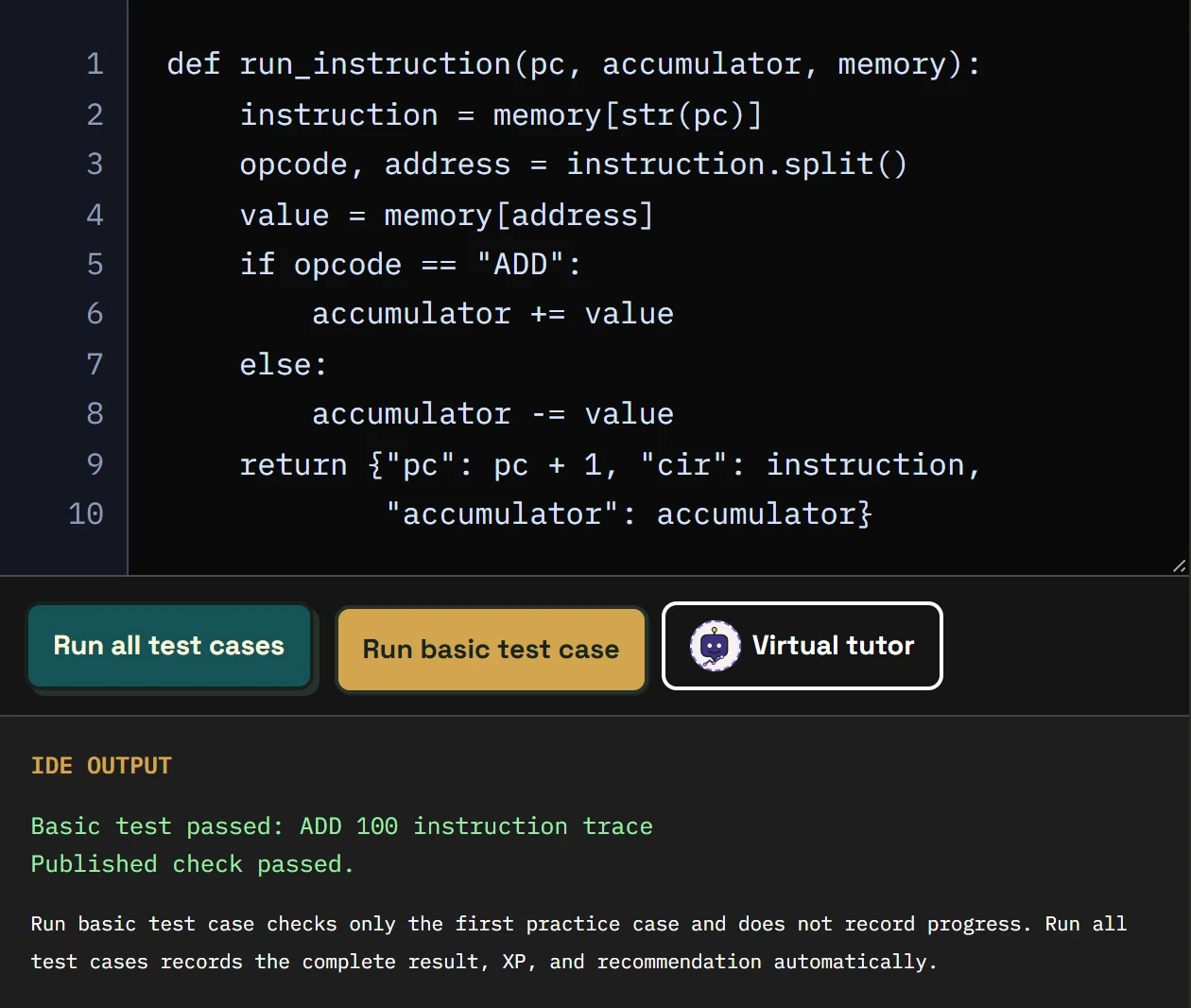 The AlgoPath Python editor with run controls and test results.