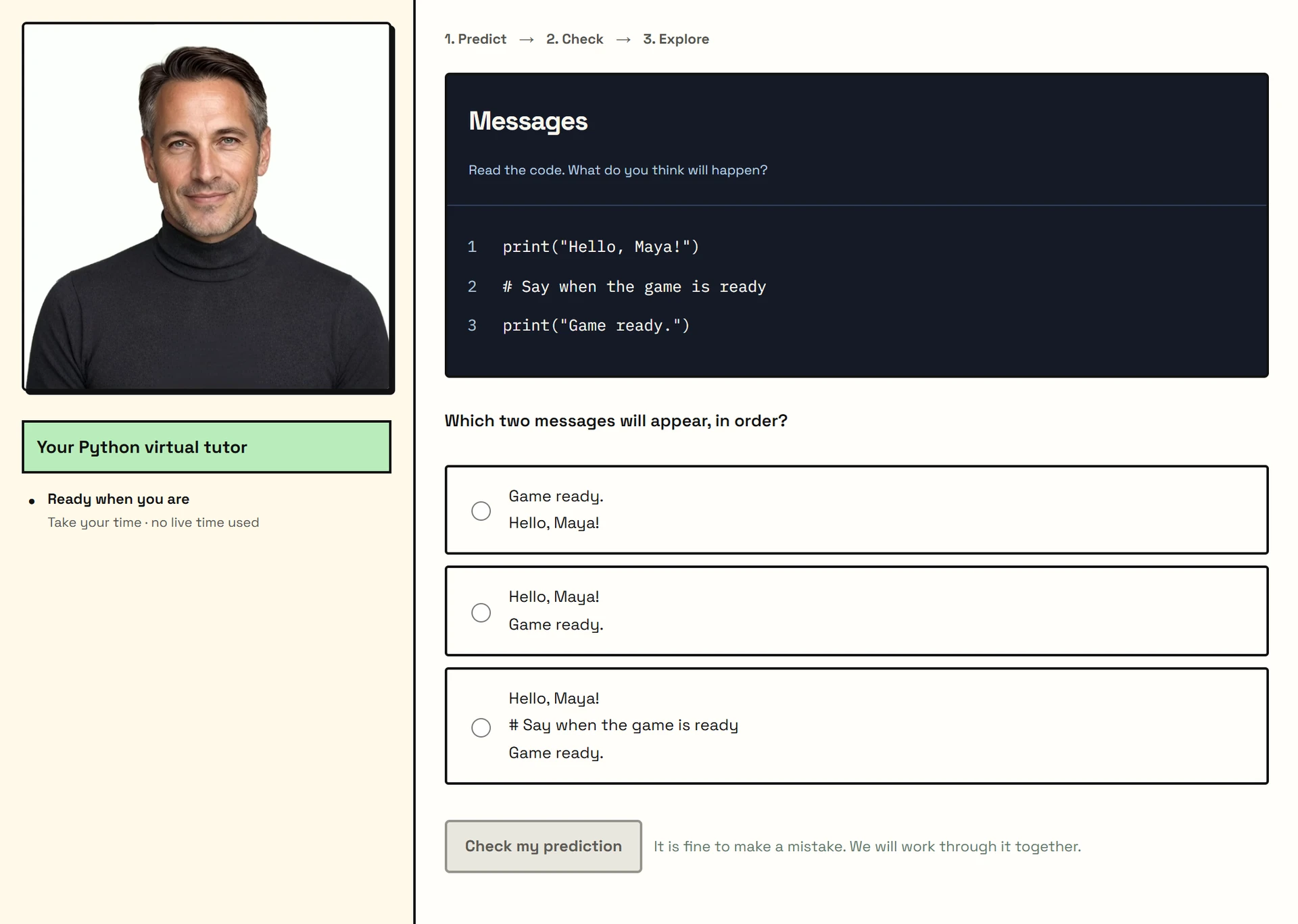 AlgoPath's computer-generated virtual tutor speaking beside a student's Python code and feedback.