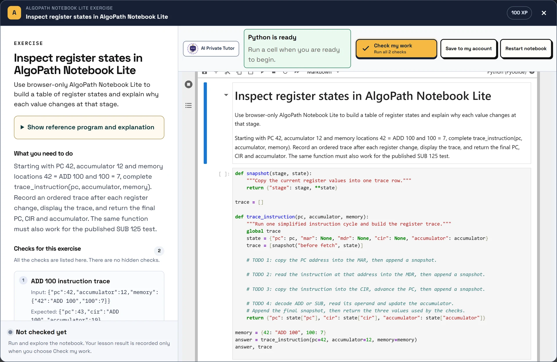 The AlgoPath Notebook Lite exercise with Python notebook cells, task instructions and Save to my account controls.