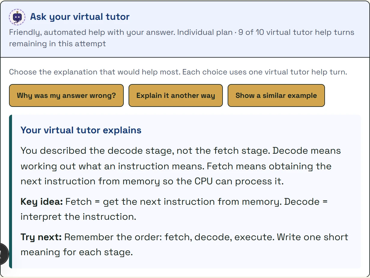 Your personal virtual tutor explaining the fetch stage, with a key idea and a suggested next step.