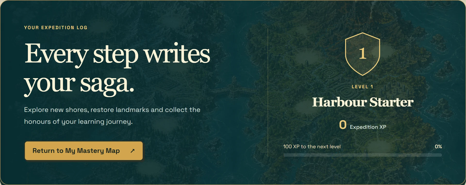 The learner's expedition progress screen showing their level, XP and learning journey.