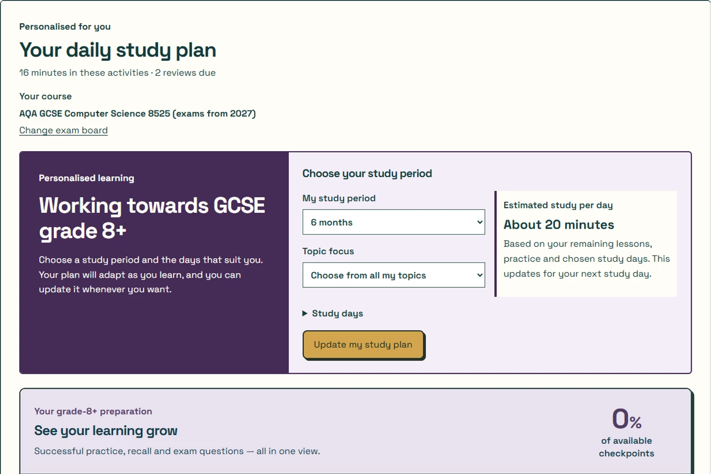 The GCSE study plan showing the chosen exam board, study period and topic focus.