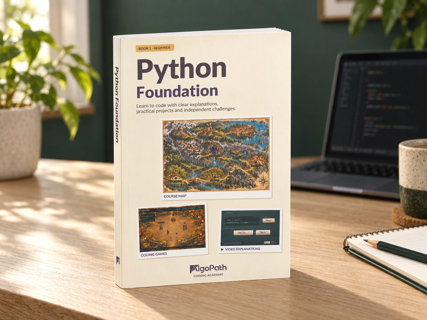 3D print mockup of Python Foundation, showing its cover, spine and page edges on a wooden desk in a coding workspace.