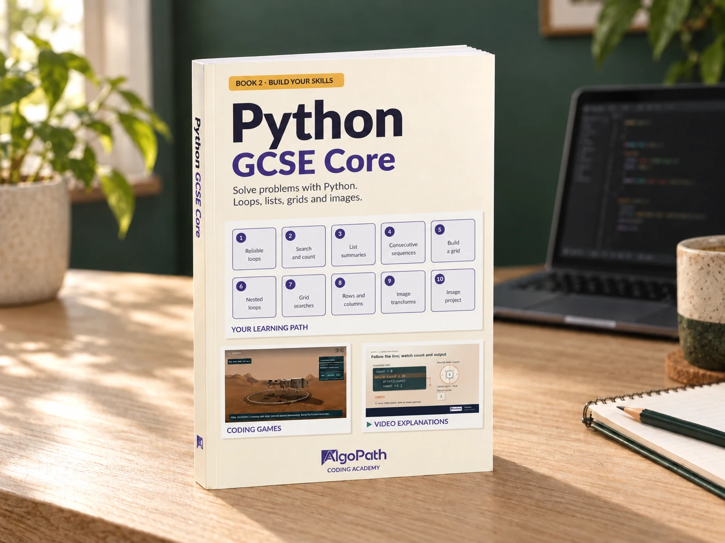 3D print mockup of Python GCSE Core, showing its cover, spine and page edges on a wooden desk in a coding workspace.